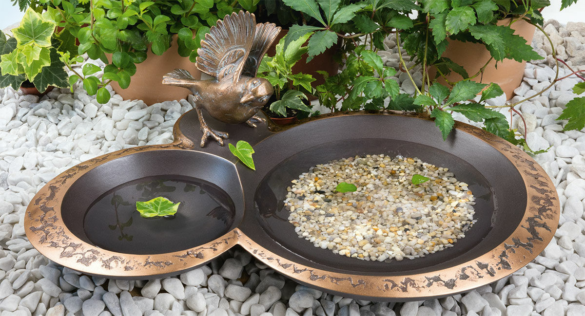 Birdbath with sparrow, bronze