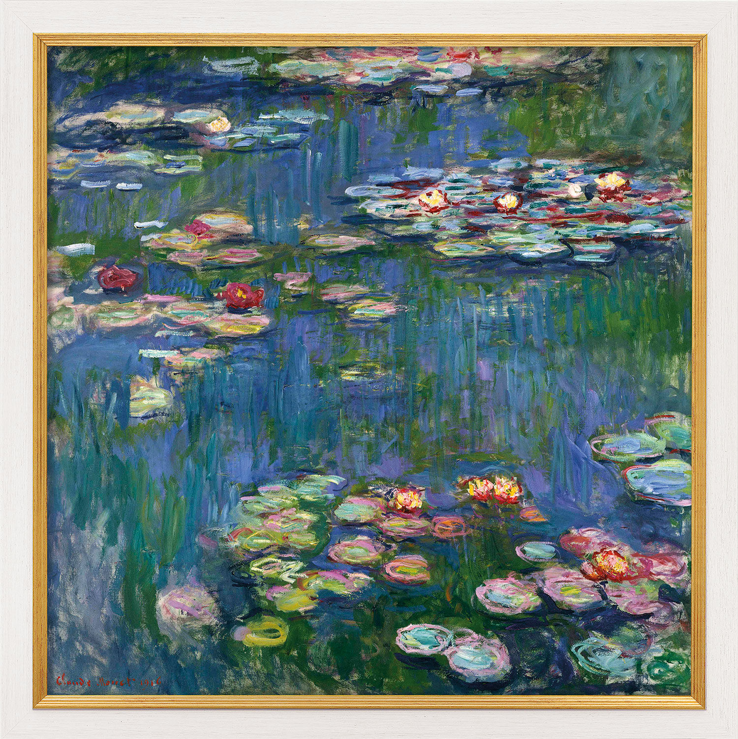 Picture "Water Lilies" (1916), white and golden framed version by Claude Monet