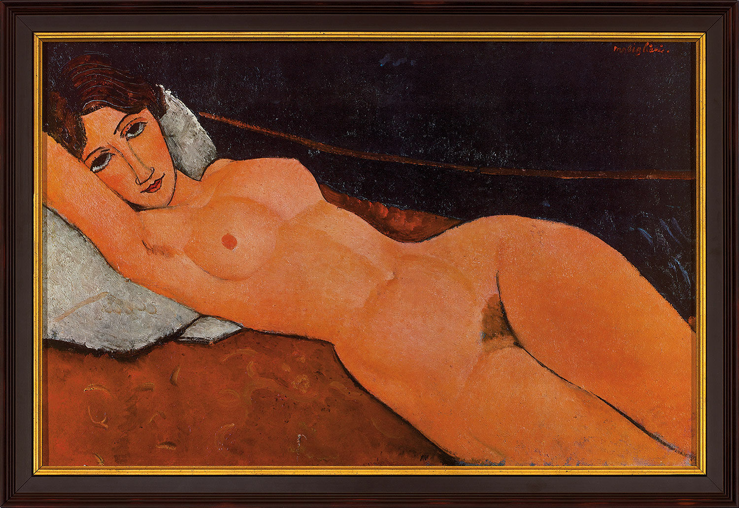 Beeld "Liggend vrouwelijk naakt op wit kussen" (1917), ingelijst von Amedeo Modigliani