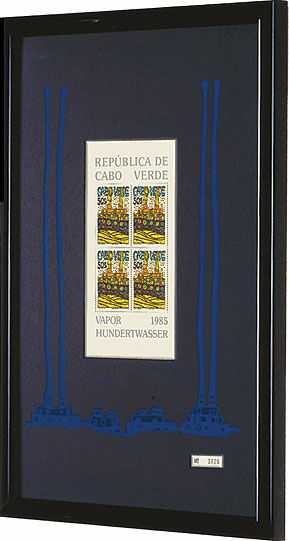 Tableau "Vapor - The Cabo Verde Steamer". Édition spéciale avec 4 timbres à 50 Escudos, bleu von Friedensreich Hundertwasser