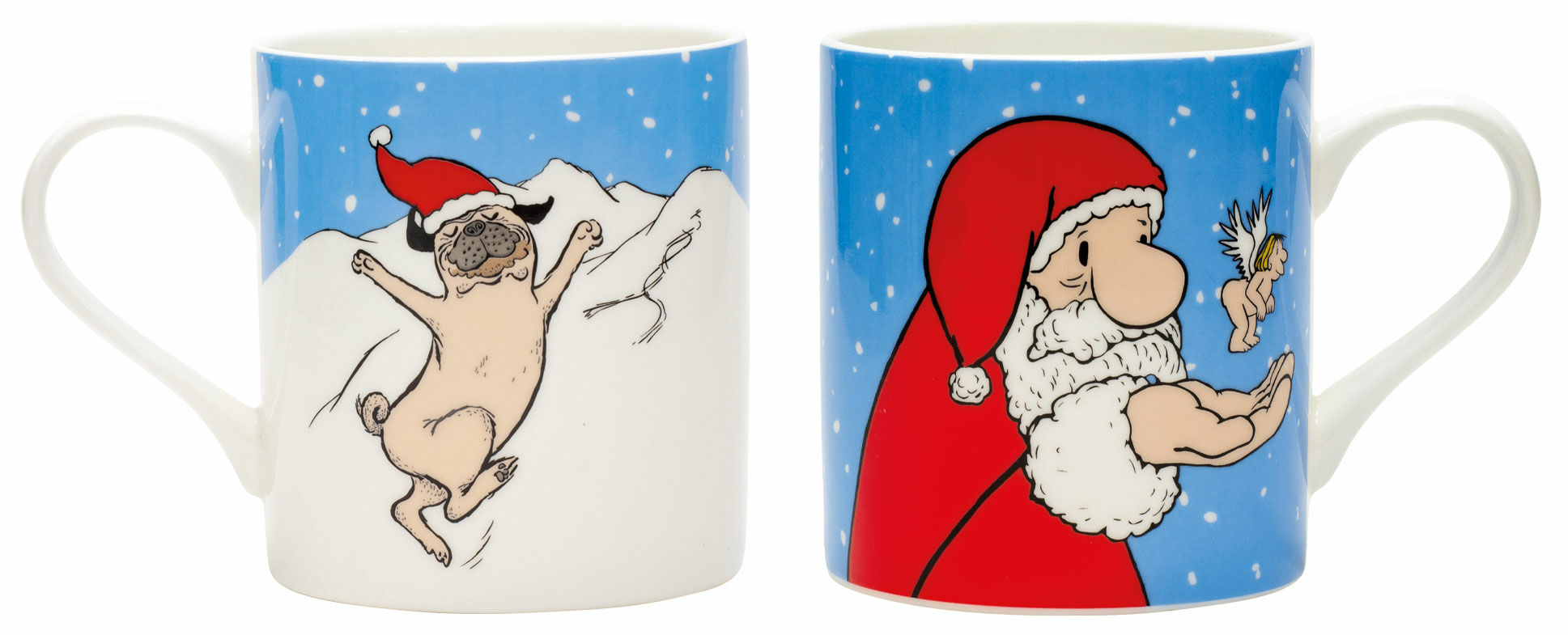 Set of 2 mugs with artist's motifs "Christmas Pug" & "Santa Claus", porcelain by Loriot