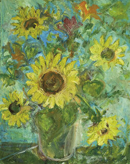 Bild "Vase mit Sonnenblumen vor Hibiskus" (2001) (Unikat) von Inge Karsch