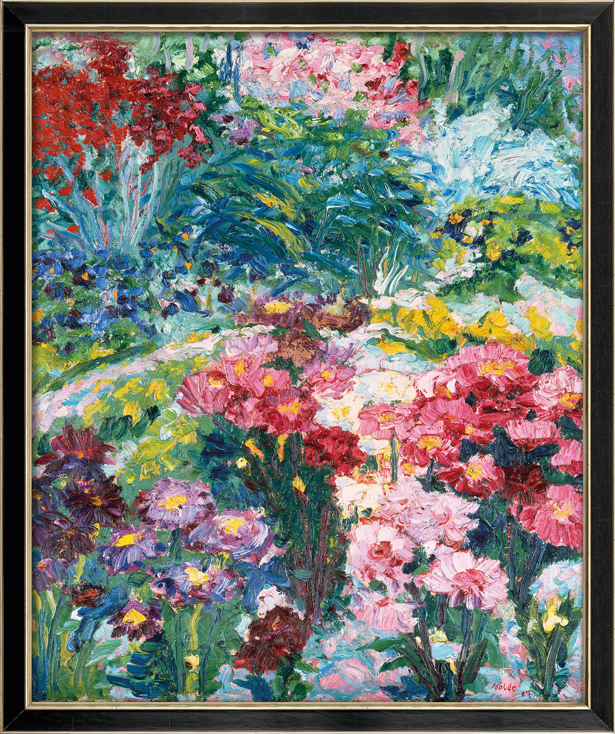 Obraz "Ogród Anny Wied" (1907), wersja oprawiona w czarno-srebrną ramę autorstwa Emil Nolde