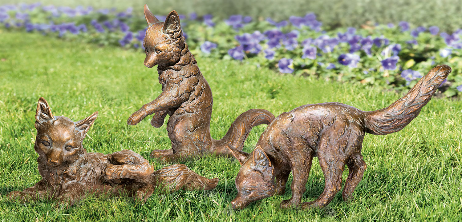 Set of 3 garden sculptures "Young Foxes", bronze