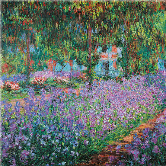 Wandobjekt "Irisbeet in Monets Garten", Glas von Claude Monet