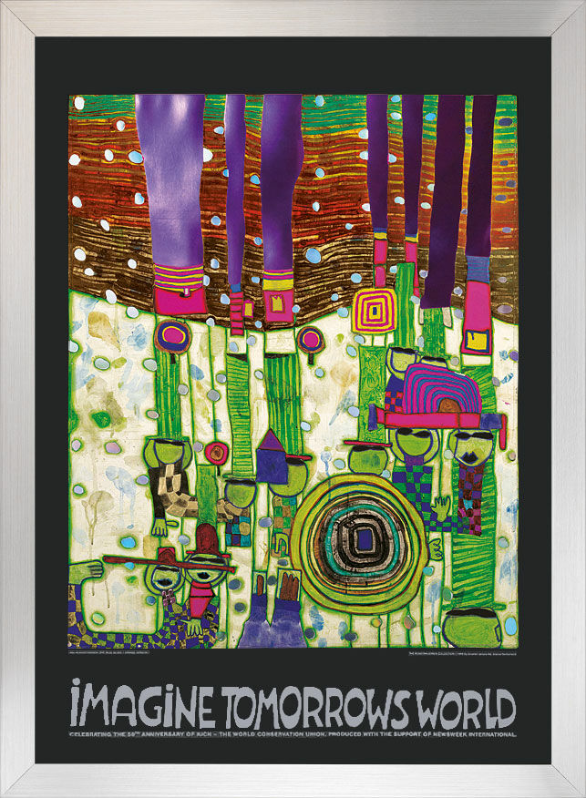 Beeld "Imagine tomorrows world" (groene versie), ingelijst von Friedensreich Hundertwasser