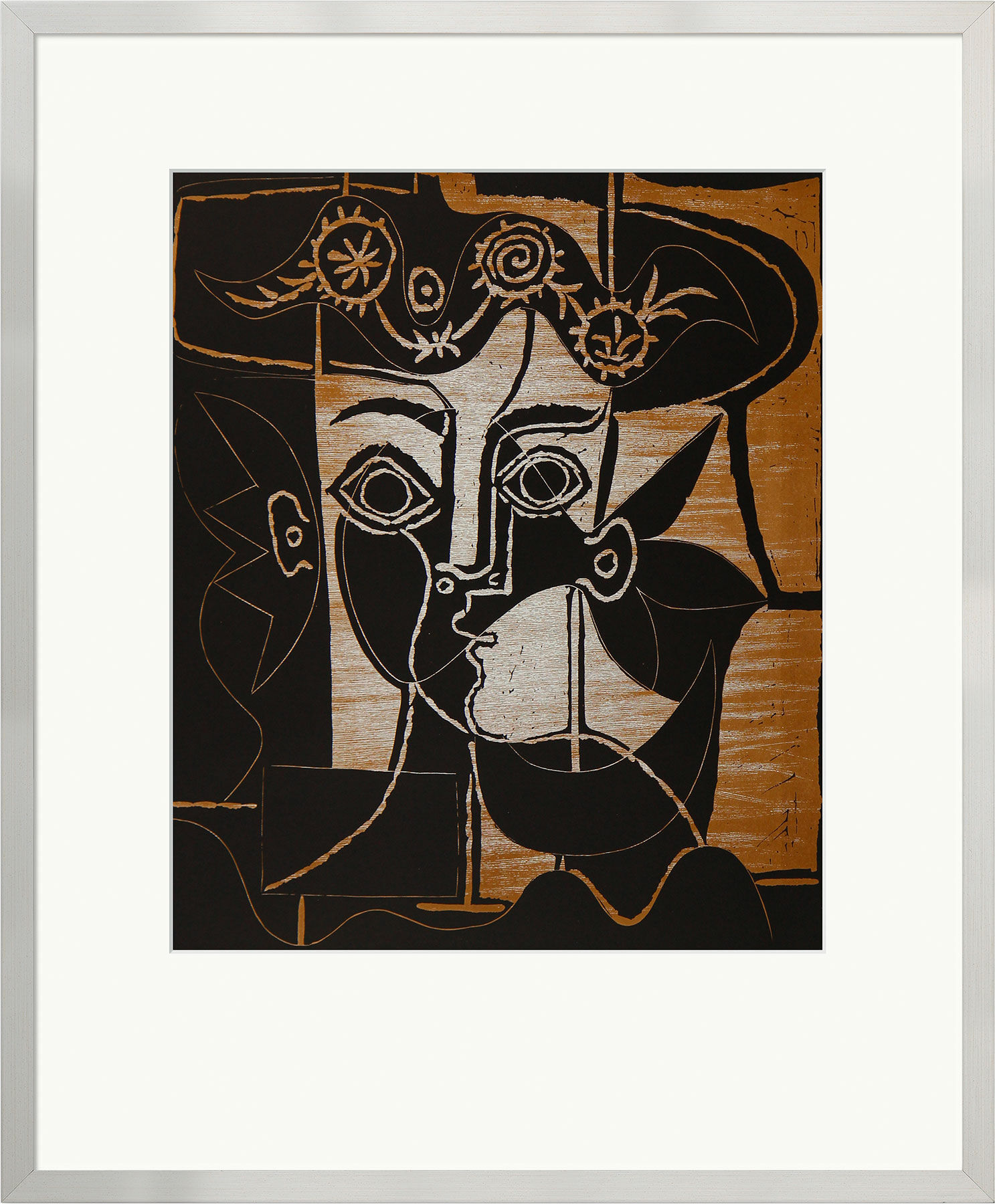Beeld "Groot hoofd van een vrouw met versierde hoed", ingelijst von Pablo Picasso