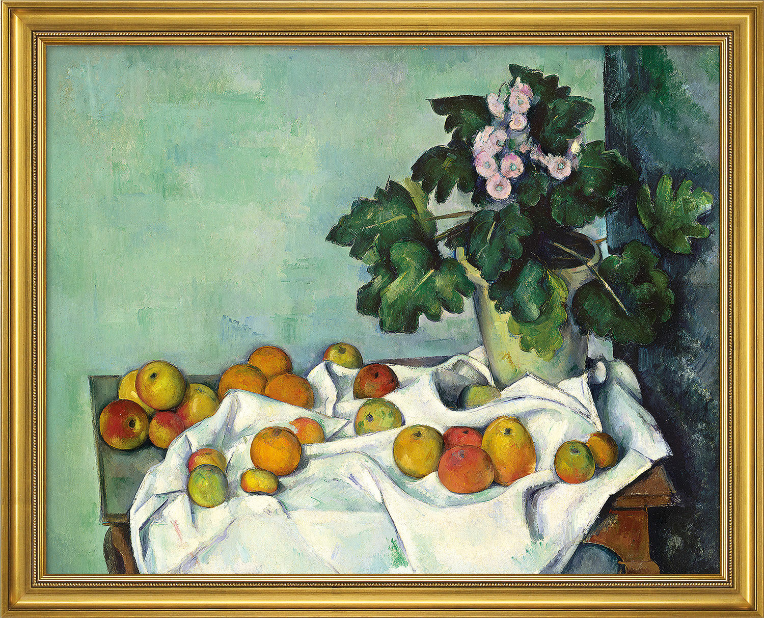 Billede "Stilleben med æbler og primula" (begyndelsen af 1890'erne), indrammet von Paul Cézanne