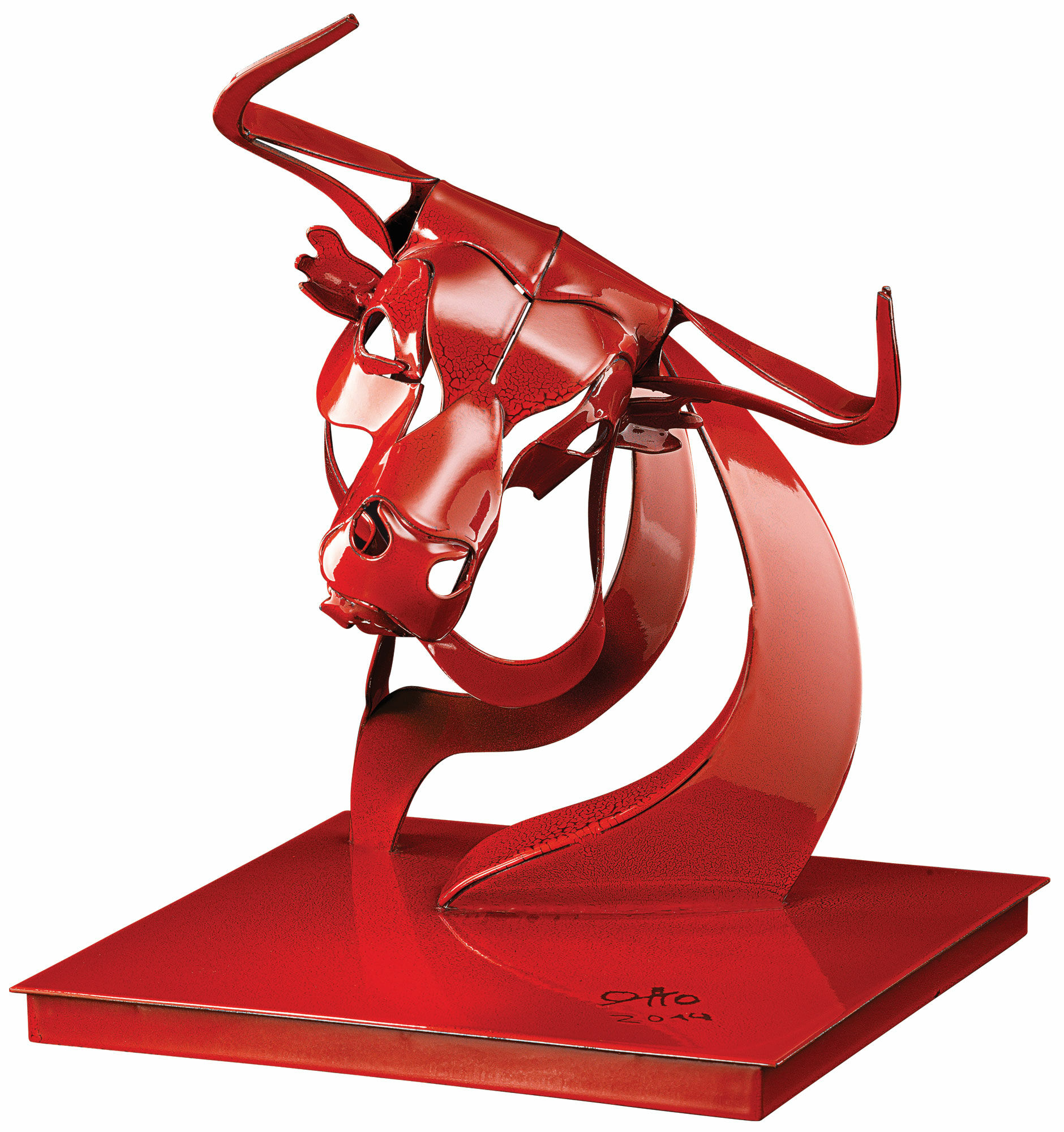 Steel sculpture "Bull de la noche II" (2014), red version by Thomas Otto