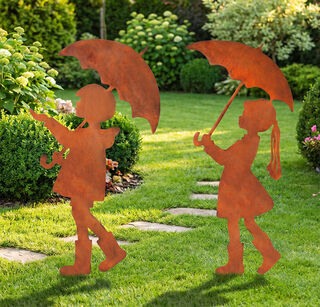 2 Gartenfiguren / Silhouetten "Geschwisterpaar mit Schirm" im Set