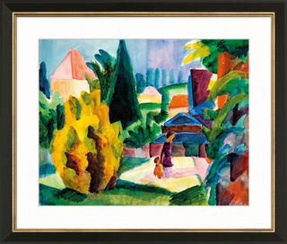 Picture "In the Castle Garden of Oberhofen" (1914), black and golden framed version by August Macke