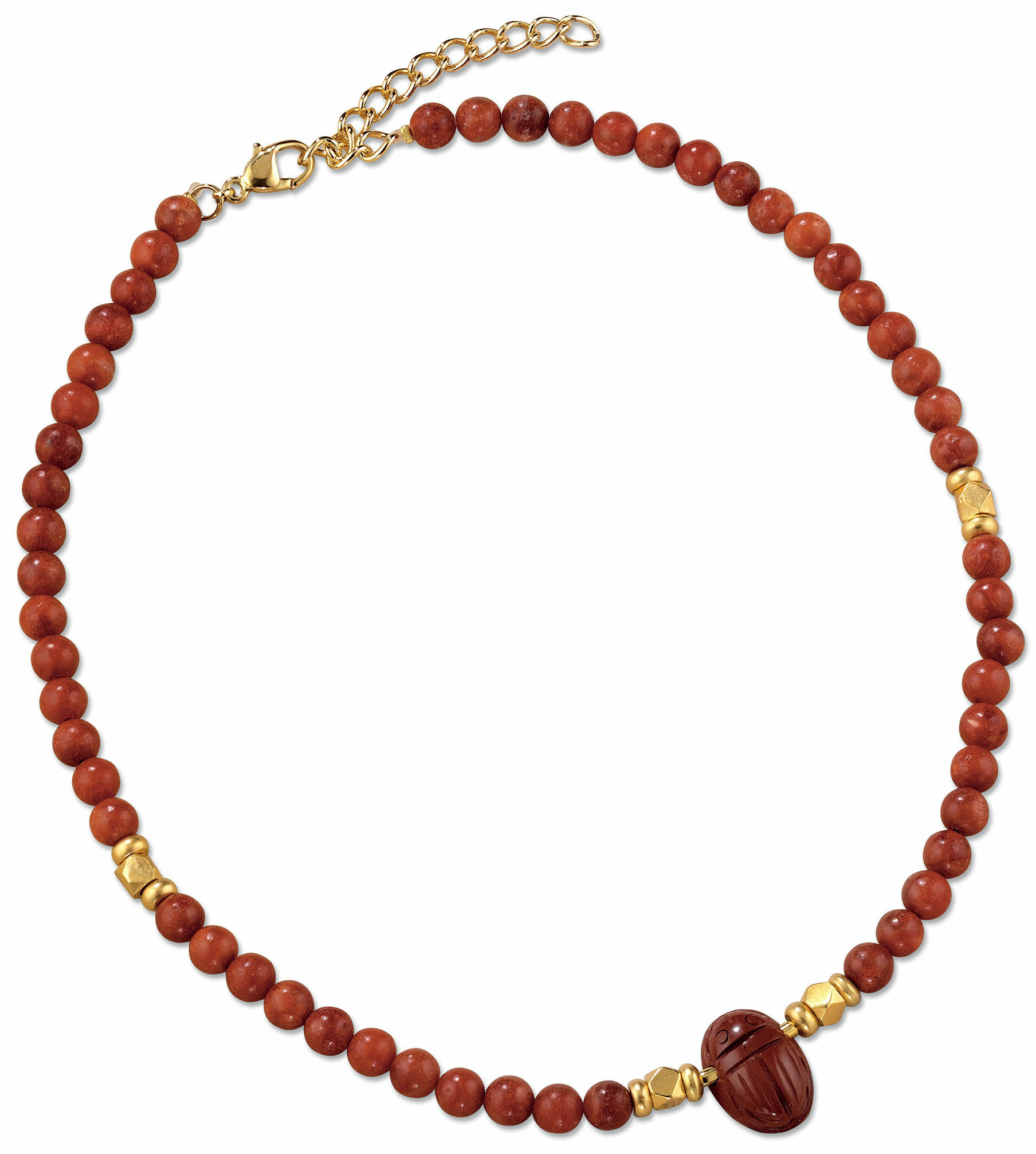 Skarabäus-Collier aus Jaspis und Zuchtkorallen-Perlen von Petra Waszak