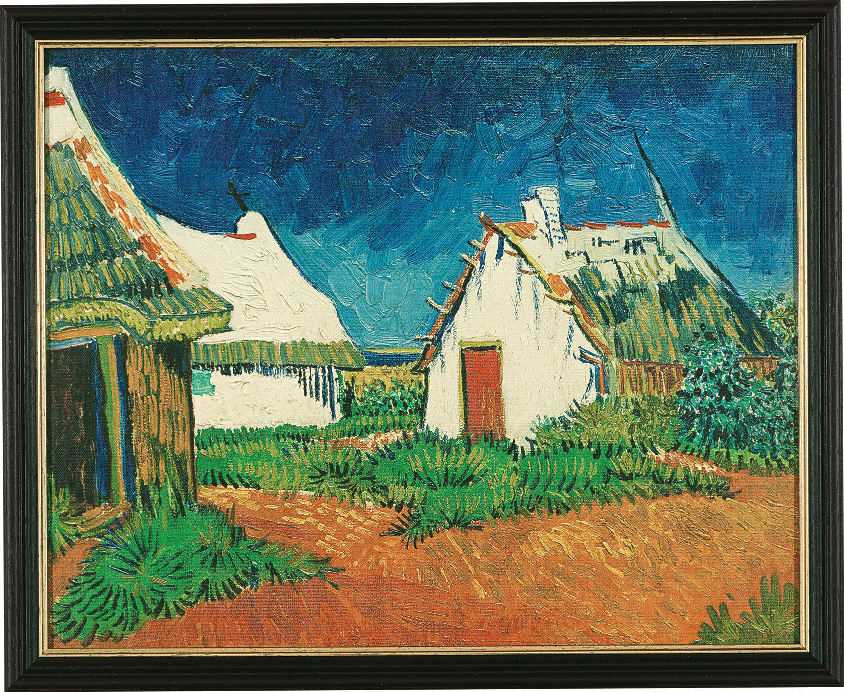 Bild "Drei weiße Hütten in Saintes-Maries-de-la-Mer" (1888), gerahmt von Vincent van Gogh