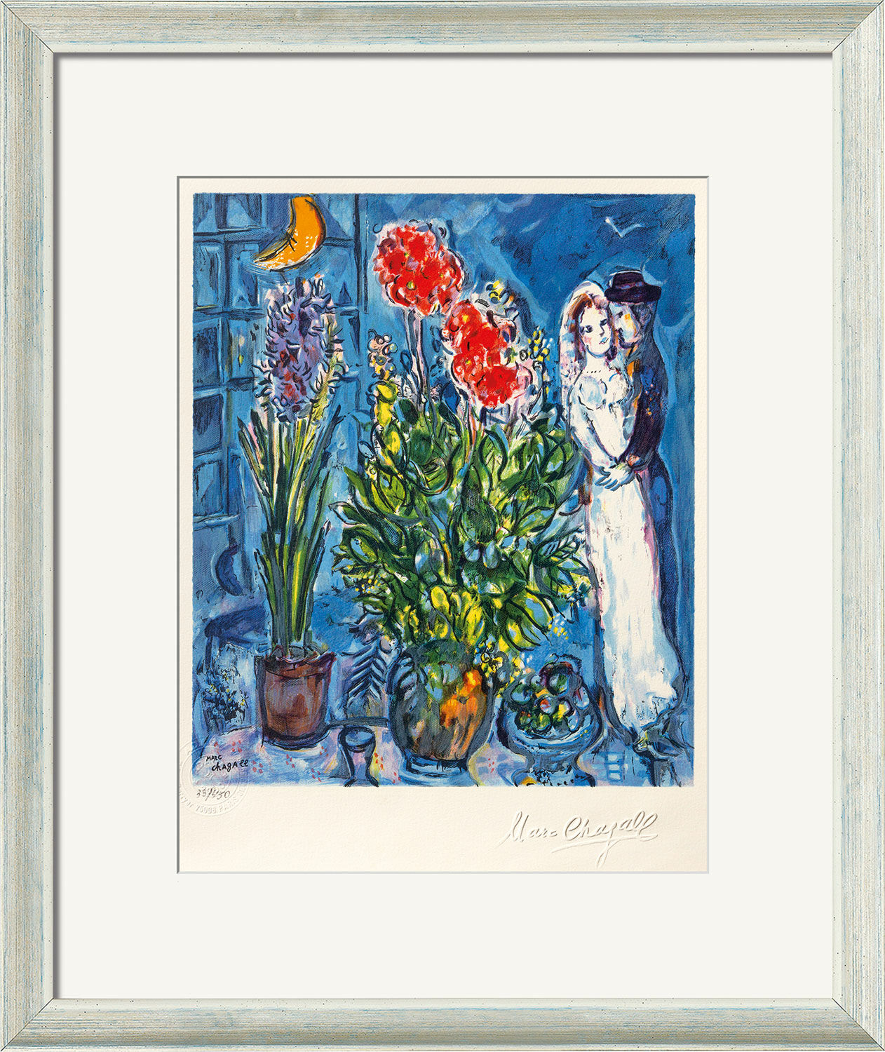 Tableau "Les Mariés", encadré von Marc Chagall