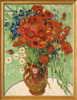 Bild "Stillleben, Vase mit Gänseblümchen und Mohn" (1890), gerahmt