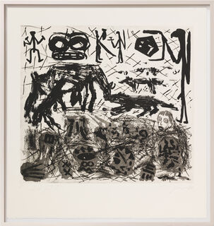Tableau "Ce qui passe par la tête d'un émigrant - Panneau III" (1987) (Pièce unique) von A. R. Penck