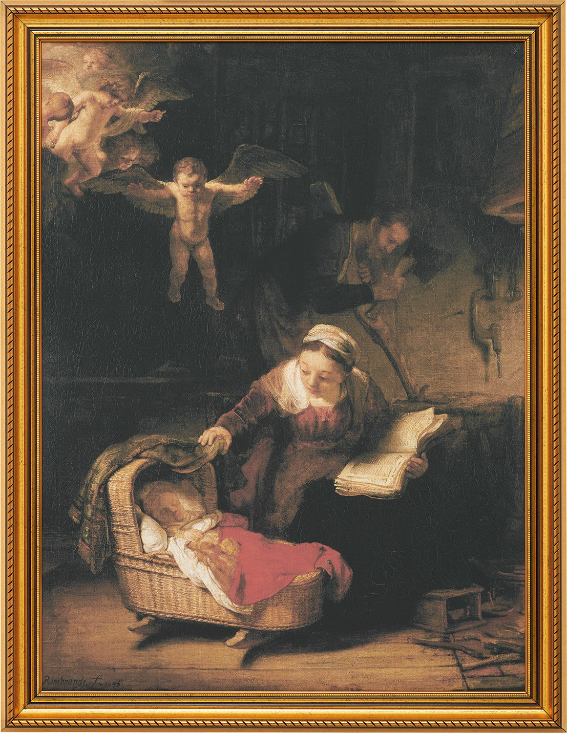 Billede "Den hellige familie" (1645), indrammet von Rembrandt