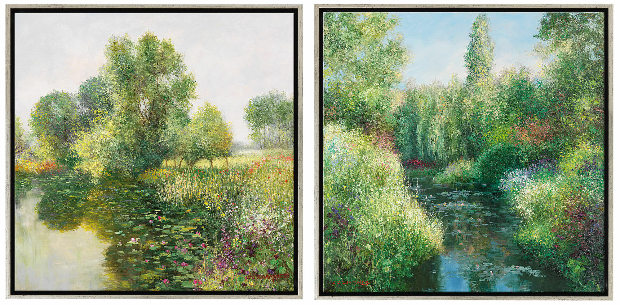 Set of 2 pictures "Giverny" + "Juin à Giverny", silver-coloured framed version by Jean-Claude Cubaynes