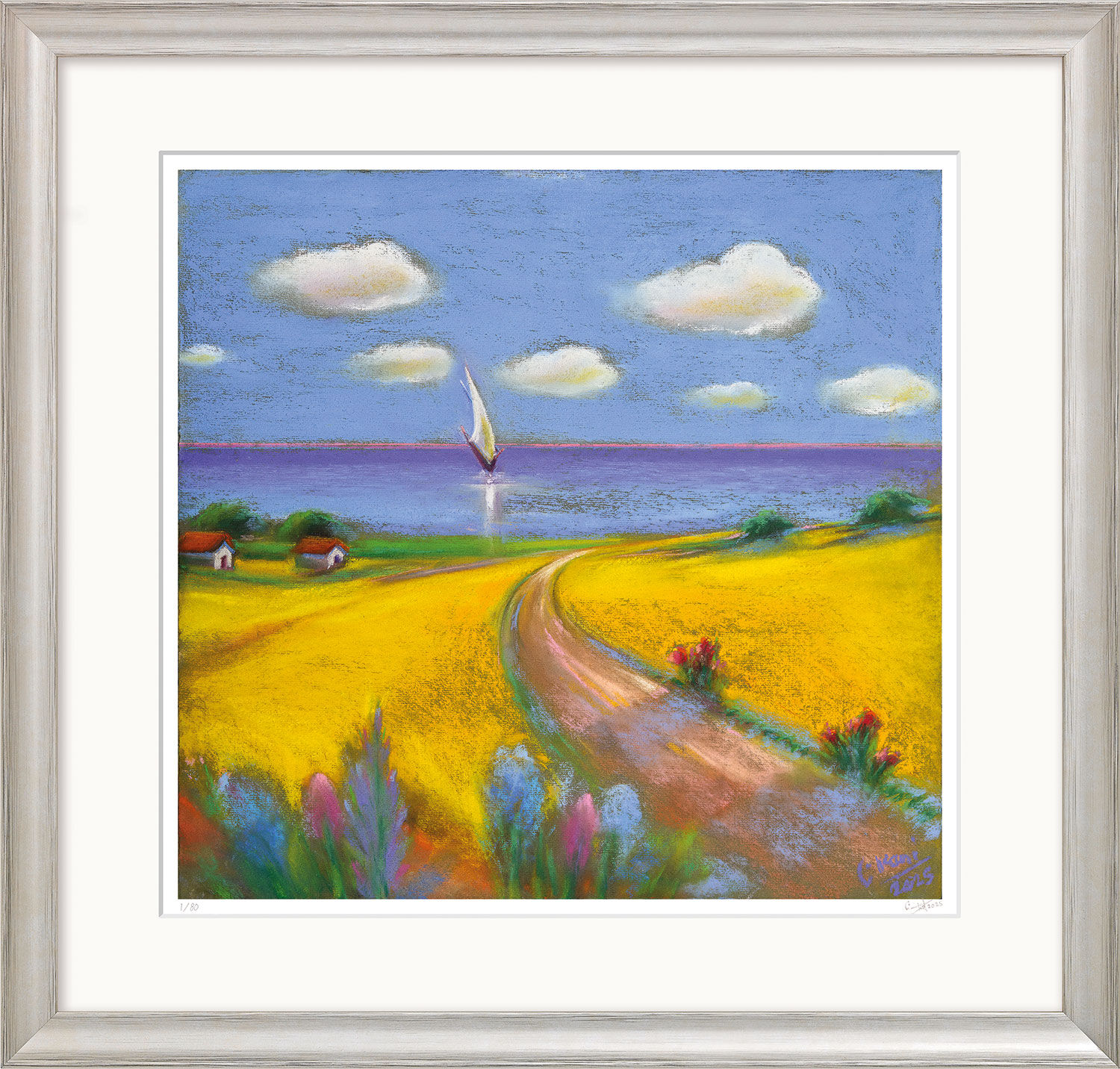 Schilderij "Ahrenshoop Rape Field" (2025, serie unica), zilverkleurige ingelijste versie van Kani Alavi