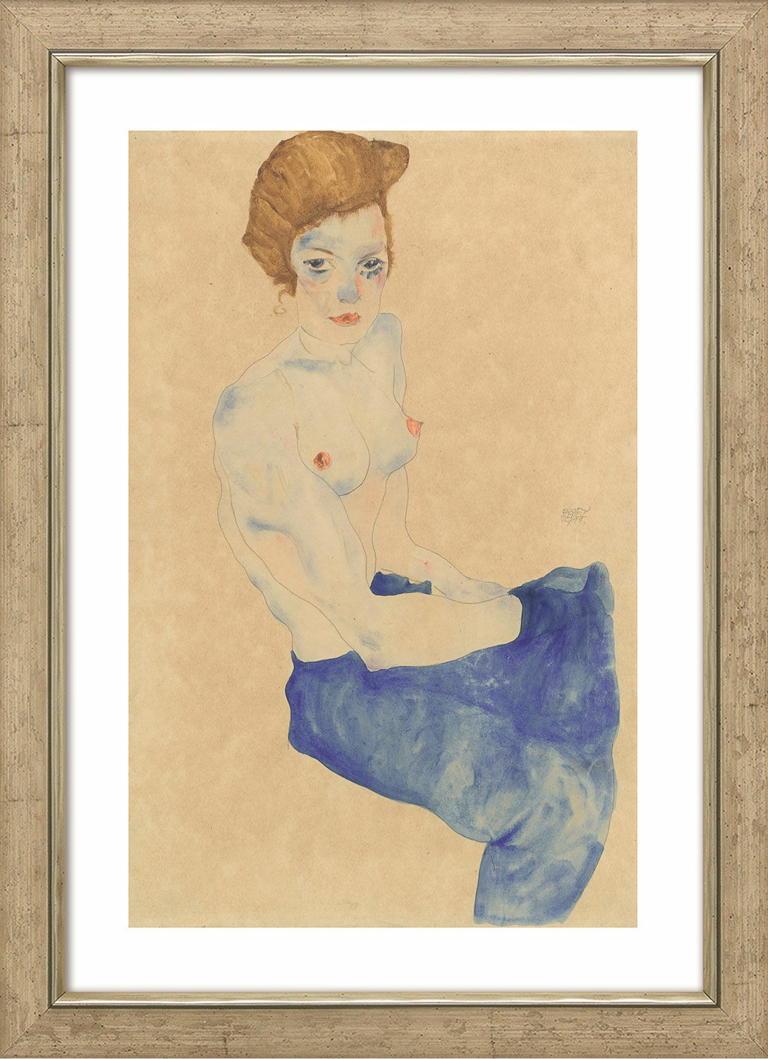 Beeld "Zittend meisje met ontbloot bovenlichaam en lichtblauwe rok" (1911), ingelijst von Egon Schiele