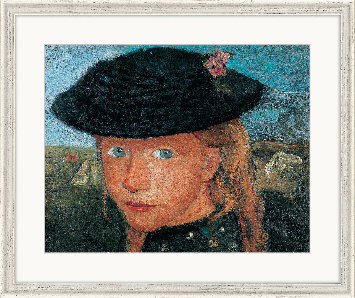 Tableau "Tête d'une petite fille avec un chapeau de paille" (vers 1904), encadré de Paula Modersohn-Becker