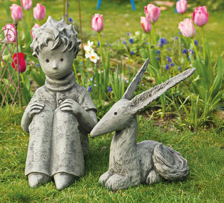 2 Gartenskulpturen "Der kleine Prinz und der Fuchs" im Set, Steinguss