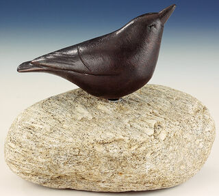 Garden sculpture "The Nuthatch", copper on stone