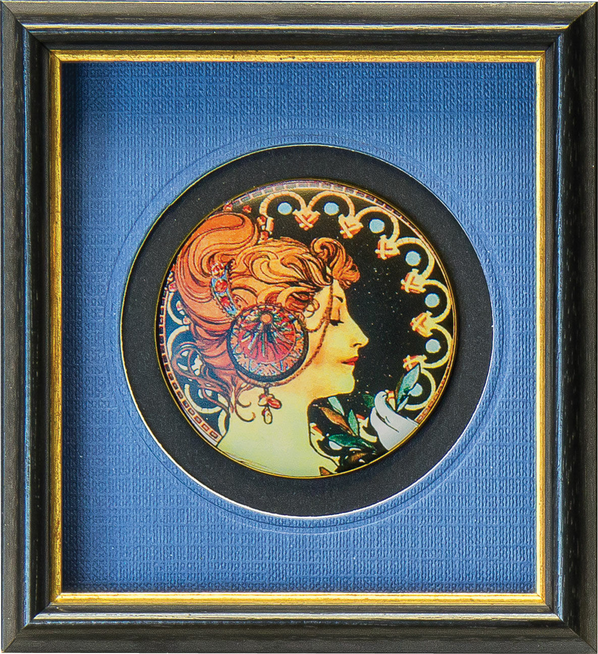 Miniature porcelain picture "La Plume", framed by Alphonse Mucha