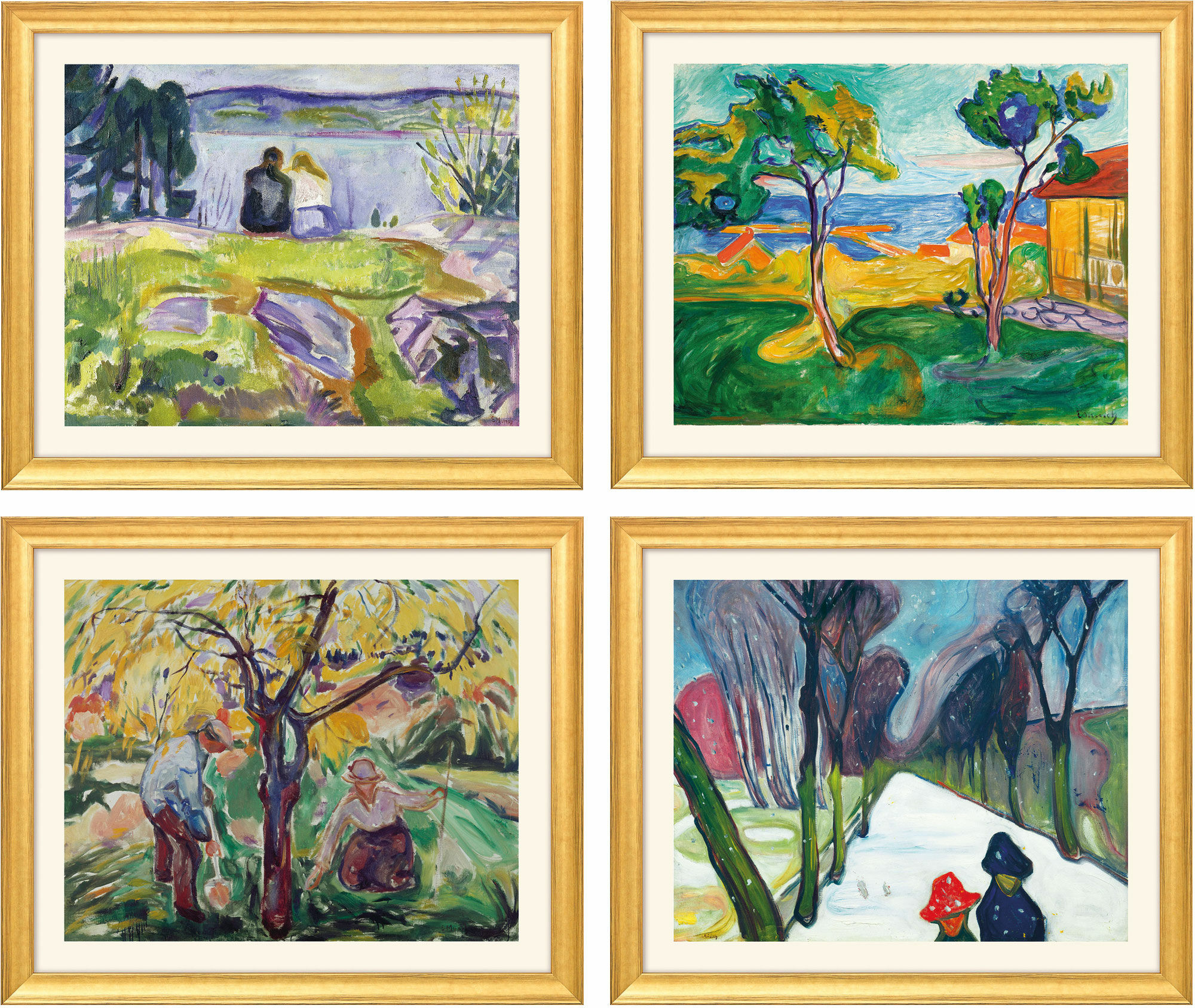4 Bilder "Jahreszeiten-Zyklus" im Set, Version goldfarben gerahmt von Edvard Munch