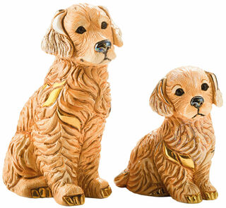 Lot de 2 figurines en céramique "Famille Golden Retriever"