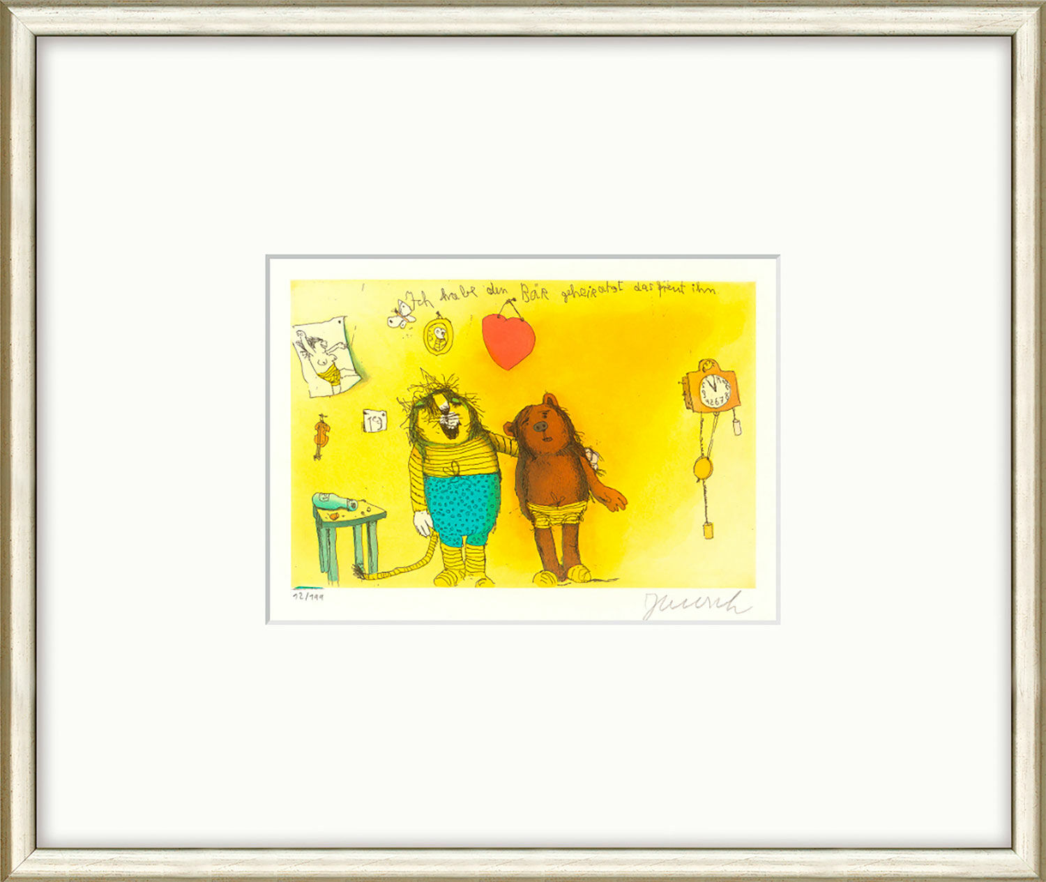 Picture "I married the bear - he's happy" (2022), framed by Janosch