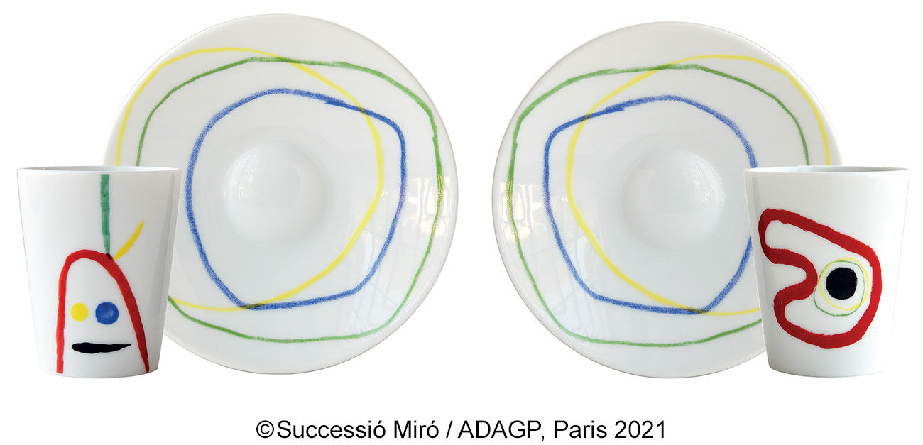 Set of 2 cups and saucers by Bernardaud, porcelain by Joan Miró