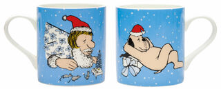 Set of 2 mugs with artist's motifs "Mrs Santa Claus" & "Christmas Wum", porcelain
