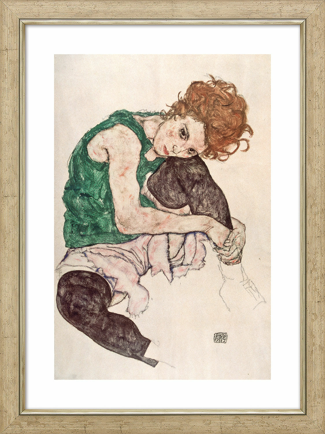 Beeld "Zittende vrouw met opgeheven knie" (1917), ingelijst von Egon Schiele
