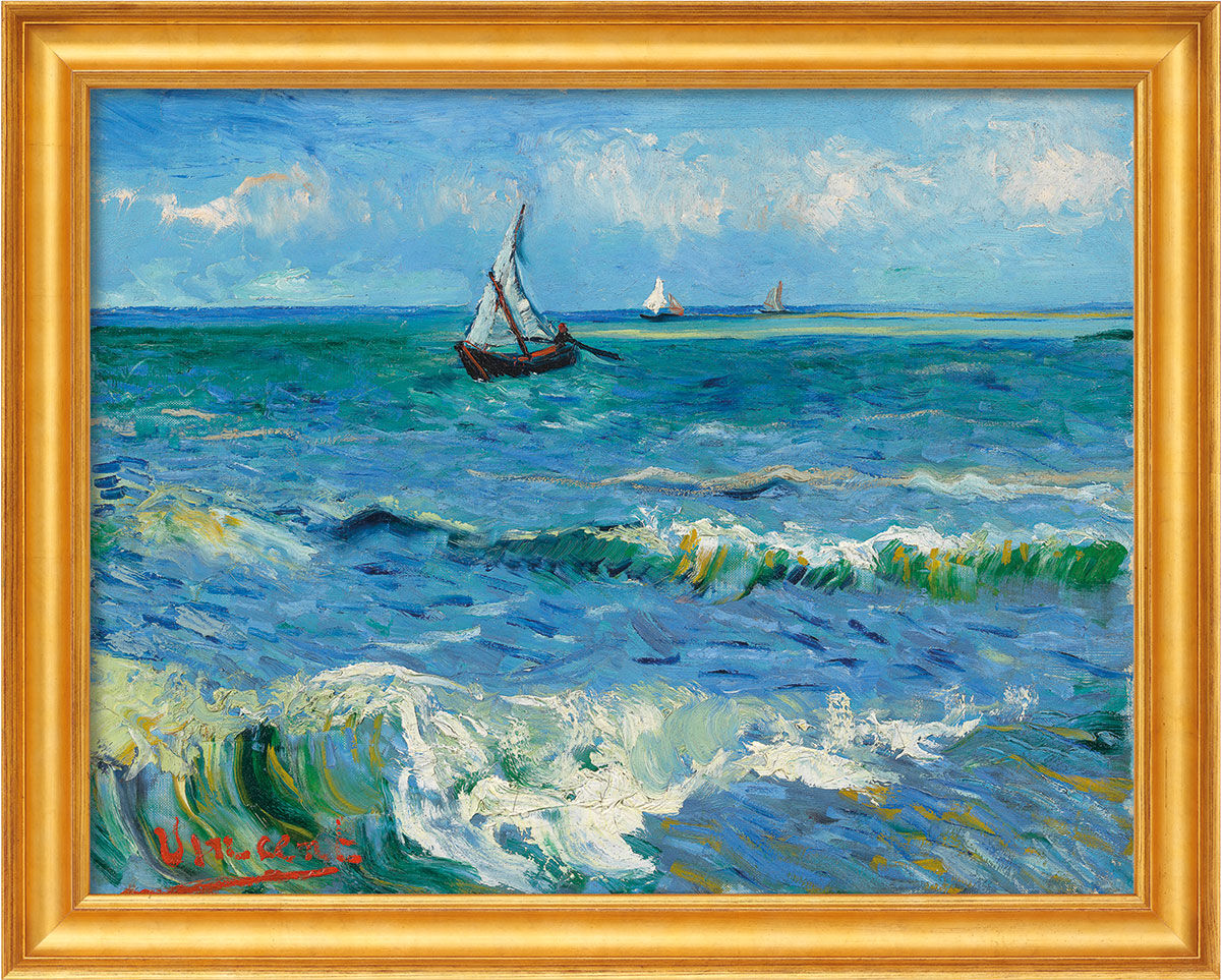 Quadro "Paesaggio marino presso Les Saintes-Maries-de-la-Mer" (1888), versione con cornice dorata di Vincent van Gogh