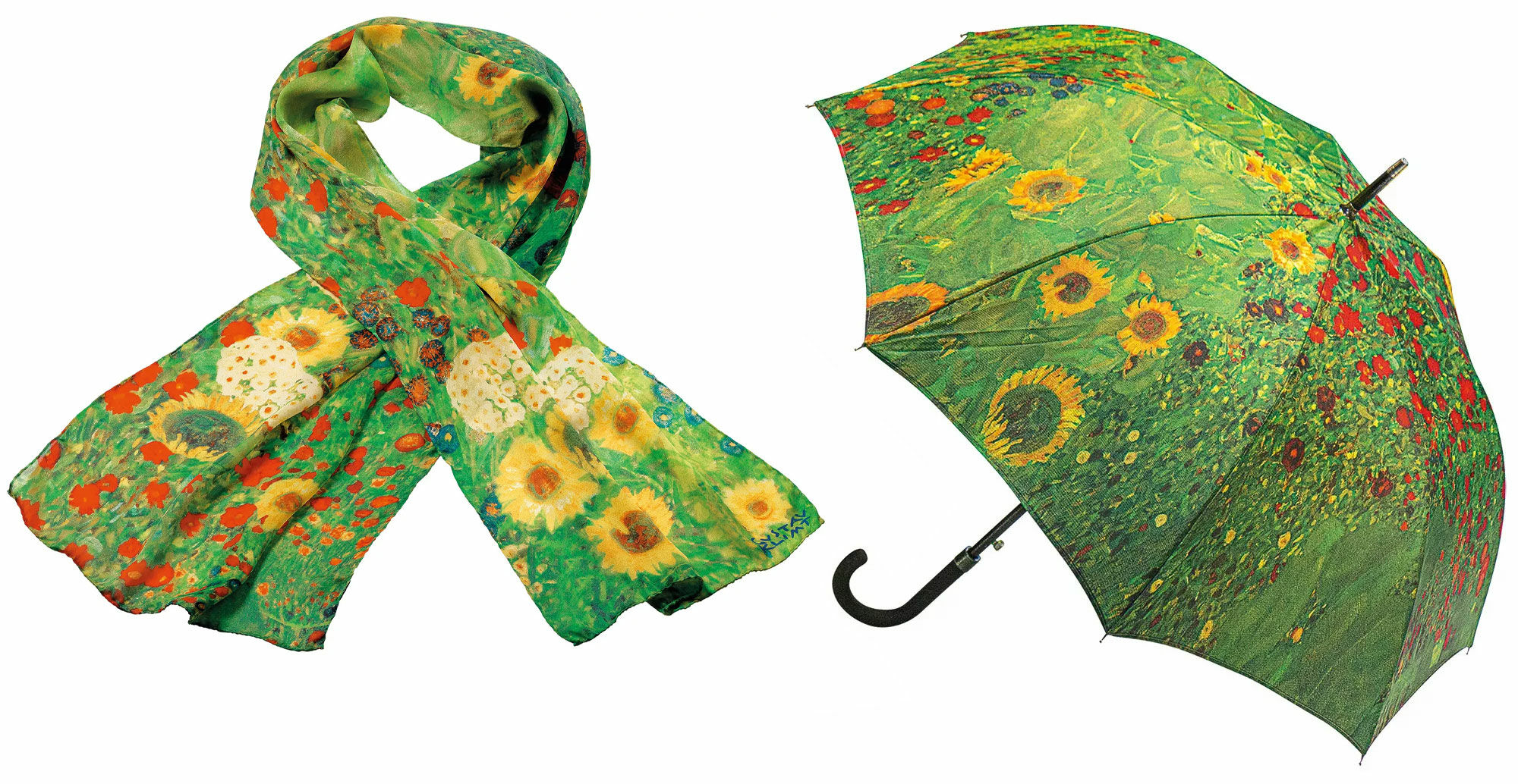 Zijden sjaal en stokparaplu "Boerentuin met Zonnebloemen" (1907) als set von Gustav Klimt