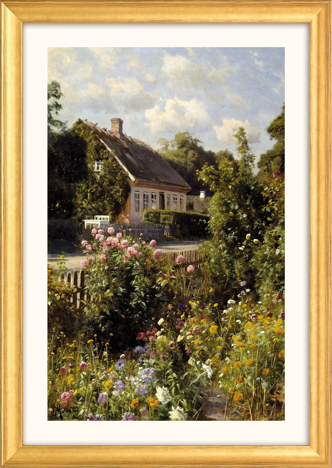 Bild "Blühender Vorgarten" (1933), Version goldfarben gerahmt von Peder Mork Mönsted