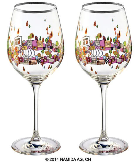 (PM XIX/1) Set of 2 wine glasses "BEAUTY IS A PANACEA - Platinum - White Wine" by Friedensreich Hundertwasser