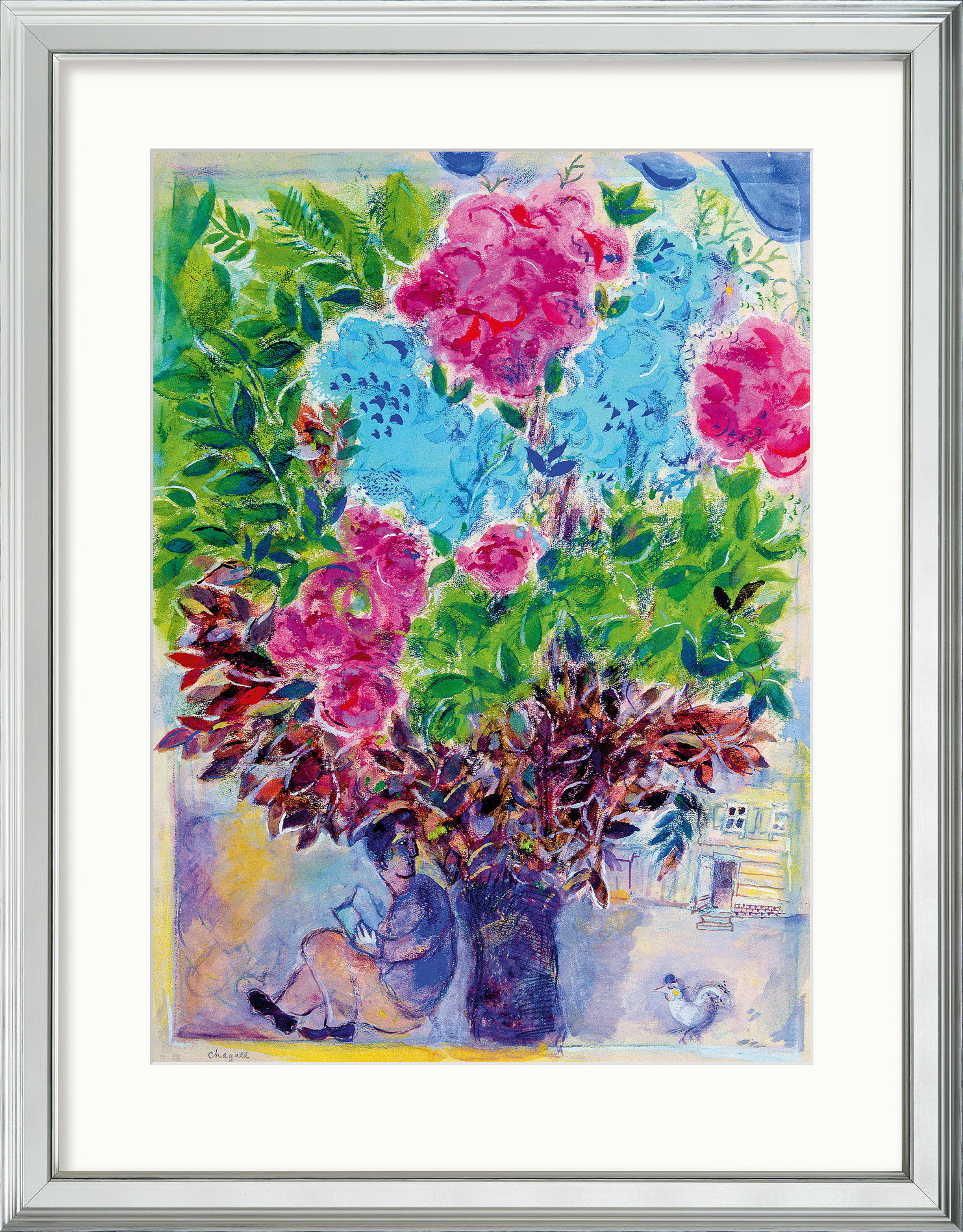 Tableau "Attente du bouquet", version encadrée argentée von Marc Chagall