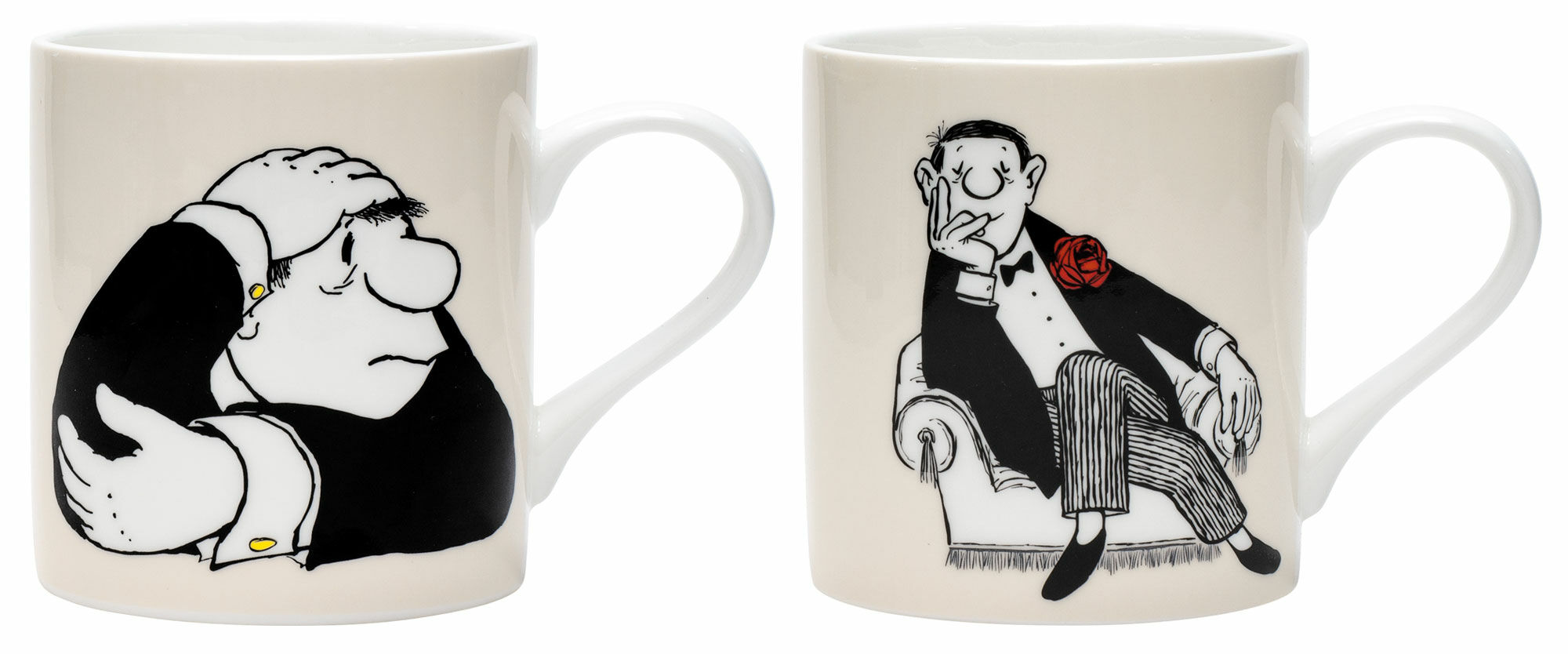 Ensemble de 2 tasses avec motifs de l'artiste "Le penseur" et "Gentleman dans un fauteuil", porcelaine von Loriot