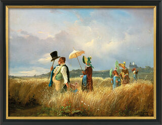 Bild "Der Sonntagsspaziergang" (1841), Version schwarz-goldfarben gerahmt von Carl Spitzweg