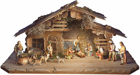 Kerststal figuren "Os, Ezel, Schaap, Geit en Hond", hout handbeschilderd