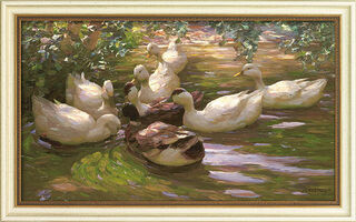 Picture "Duck Colony under Birch Branches", framed