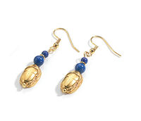 Boucles D'oreilles Anciennes Plaqué Or - Jade Sculpté Scarabée - Design Vintage