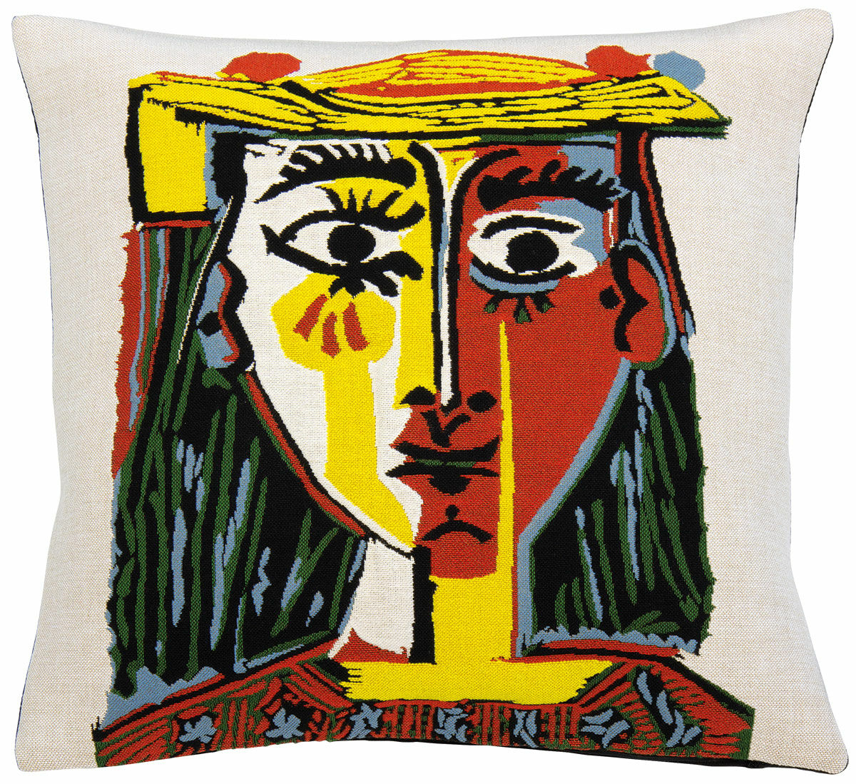 Kissenhülle "Frau mit Pompom-Hut und einer bedruckten Bluse" (1962) von Pablo Picasso