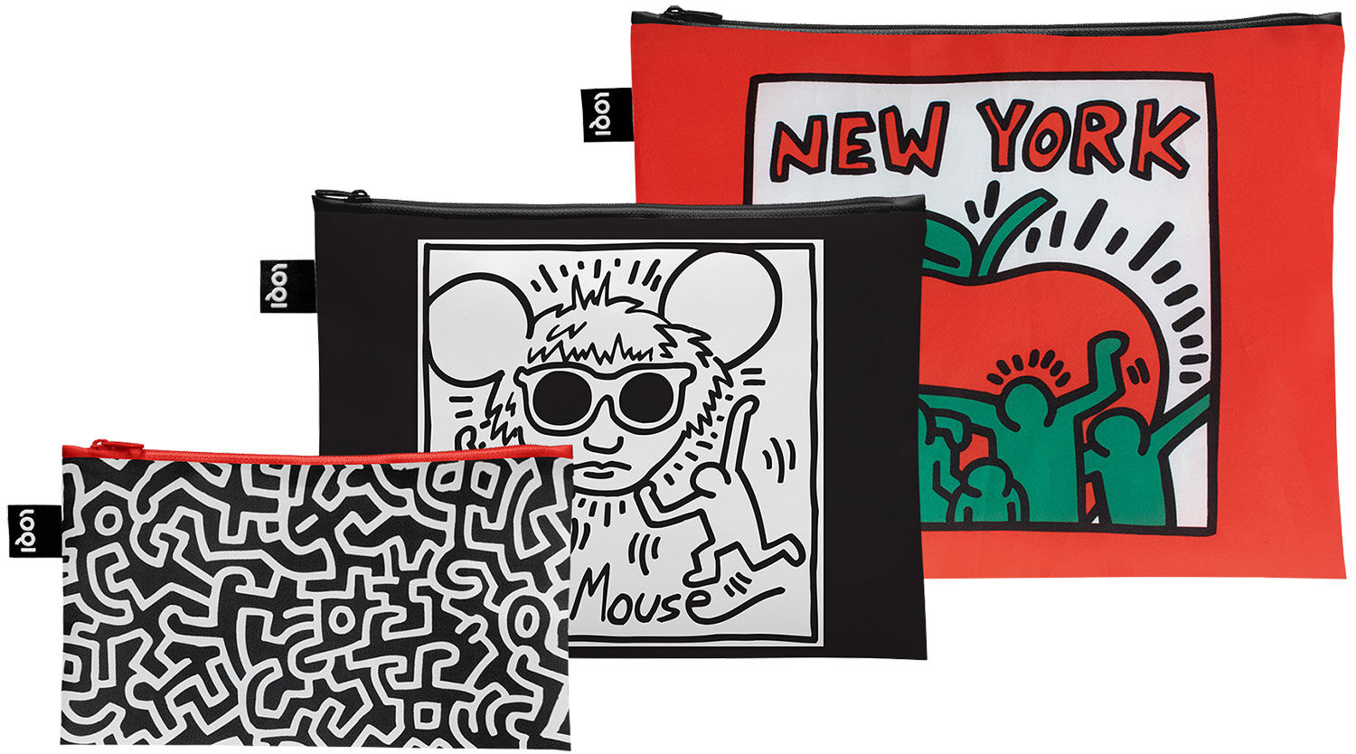 3 Reißverschlusstaschen "Untitled, Andy Mouse and New York" im Set von Keith Haring