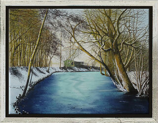 Picture "Winter Landscape at the Pond" (2024) (Original / Unique piece), framed