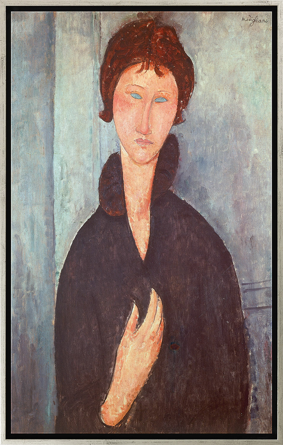Billede "Kvinde med blå øjne" (1918), sølvfarvet indrammet version von Amedeo Modigliani
