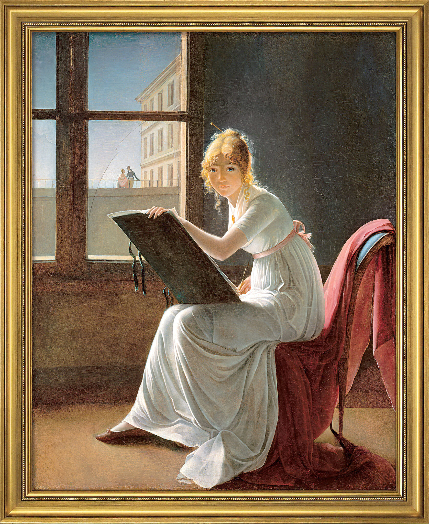 Bild "Zeichnende junge Frau" (1801), gerahmt von Marie-Denise Villers